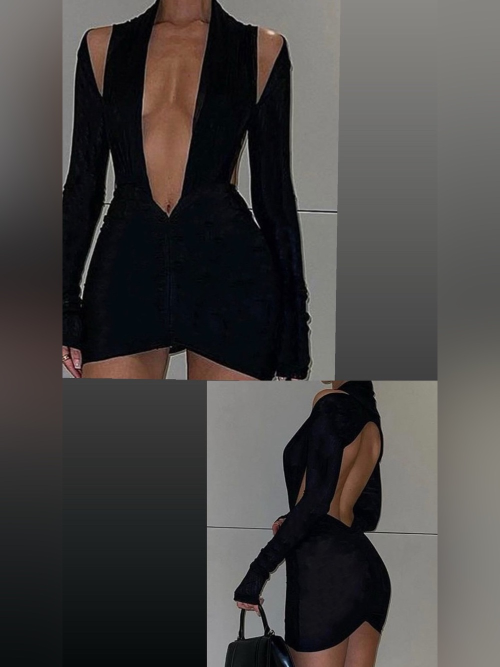 Elegant Black Long-Sleeve Backless Plunge Mini Dress